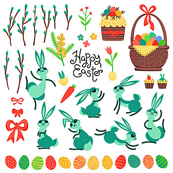 设计,高兴,复活节,可爱,复活节兔子,涂绘,蛋,柳树,枝条,蛋糕,馅饼,花,矢量,插画,胸罩