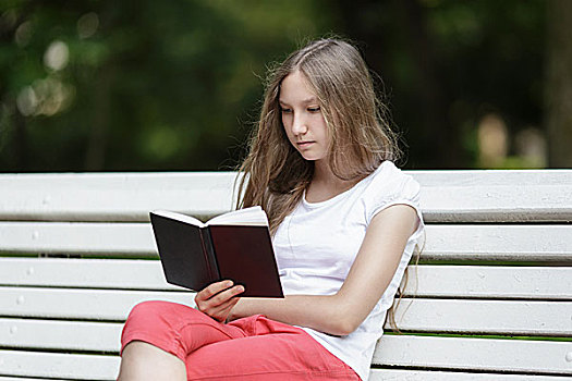 女孩,读,书本,坐,长椅