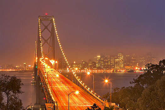 吊桥,光亮,黄昏,海湾大桥,旧金山湾,旧金山,加利福尼亚,美国