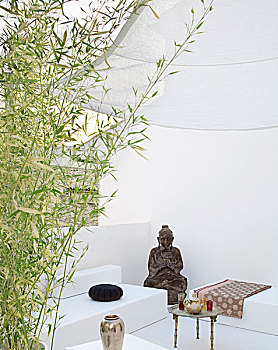休息区,连续,白色,雕塑,一半,隐藏,后面,竹子,佛,小,东方,茶桌