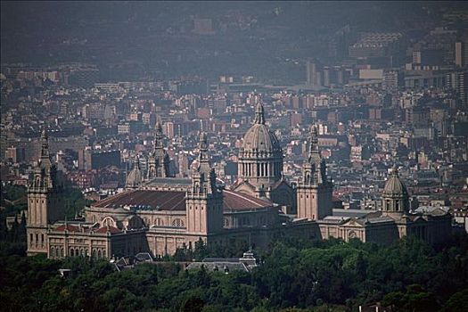 俯拍,宫殿,蒙特足斯,巴塞罗那,加泰罗尼亚,西班牙