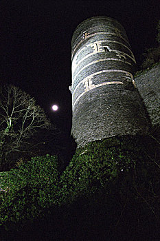 一个,角,塔,壮观,城堡,夜晚,建造,黑白,石头,看,条纹,中心,曼恩-卢瓦尔省,法国