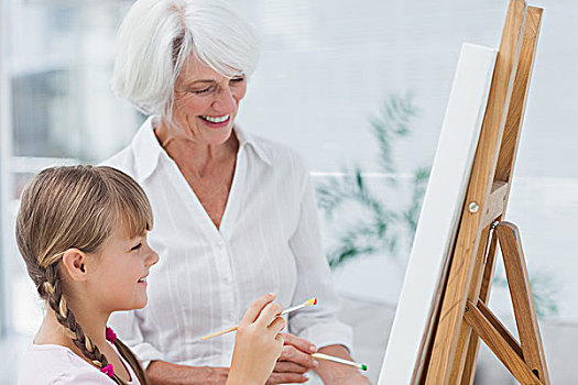 愉悦,祖母,孙女,绘画,一起,在家