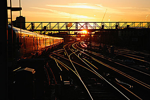 英国,伦敦,火车,进入,室外,伦敦桥,车站,日出