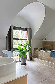 石头,砖瓦,浴缸,盆栽植物,正面,窗户,优雅,浴室