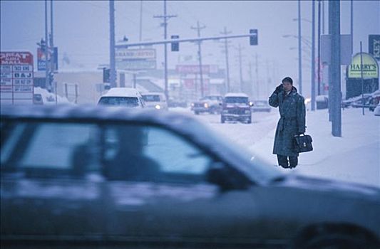 商务人士,手机,交谈,暴风雪,冬季,肖像,汽车,电话亭