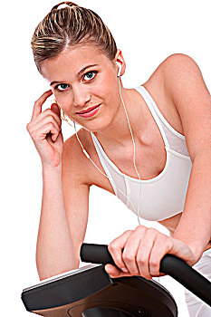 健身,序列,女人,耳机,骑自行车