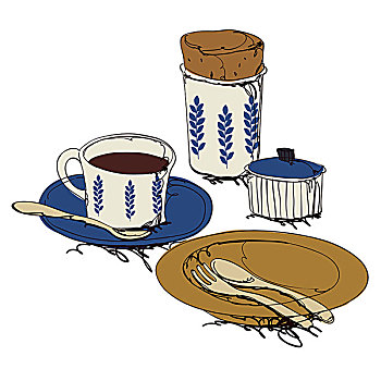 咖啡杯,盘子,勺子,叉子