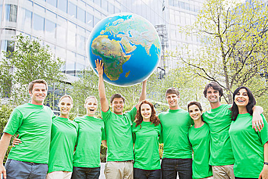 头像,团队,绿色,t恤,举起,地球,上方