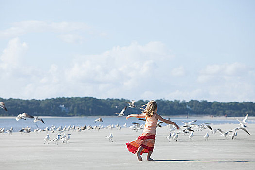 女孩,跑,海滩,海鸥