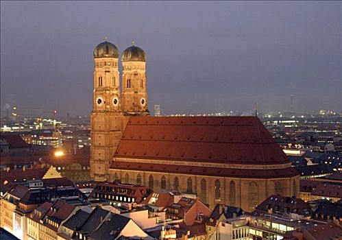 慕尼黑,德国,2005年,夜景照明,圣母教堂