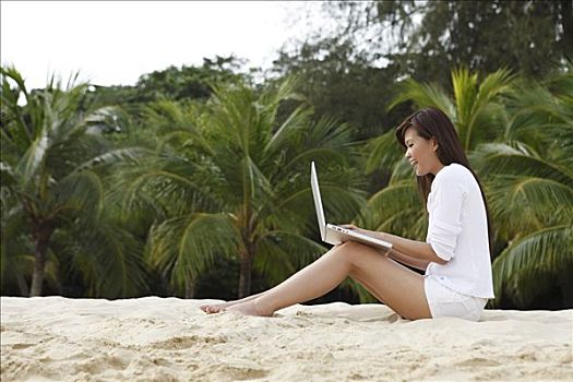 女青年,工作,笔记本电脑,海滩