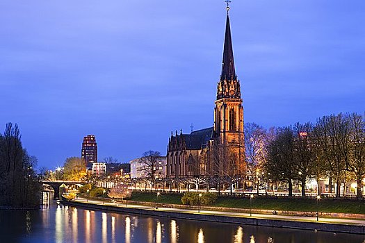 教堂,河,法兰克福,黑森州,德国