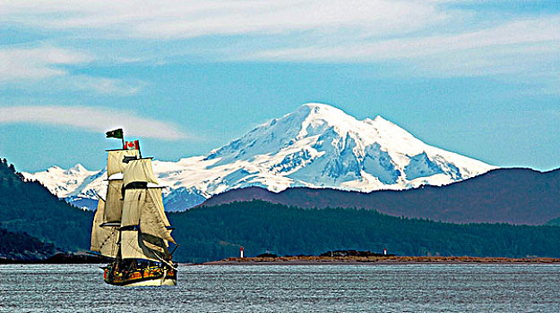 贝克山,岛屿,背景,高桅横帆船,女士,华盛顿,航行,半岛,温哥华岛,不列颠哥伦比亚省,加拿大