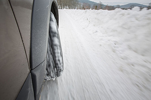 汽车,冬天,轮胎,光滑,雪路,动感,移动,速度