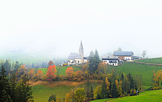 教堂,秋天,雾气,山谷,南蒂罗尔,白云岩,意大利