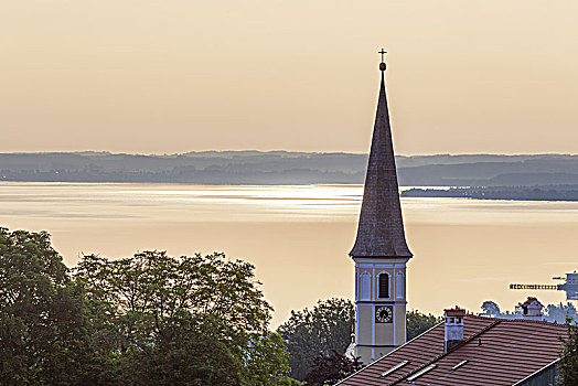 风景,基姆湖,教堂,齐姆高,上巴伐利亚,巴伐利亚,德国南部,德国,欧洲