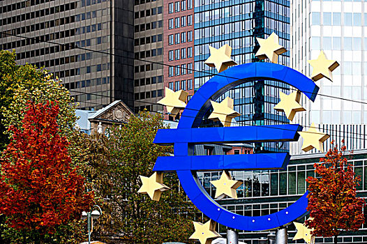 欧元符号,正面,欧洲,中央银行,法兰克福,黑森州,德国