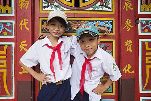 肖像,学童,站立,一起,惠安,越南