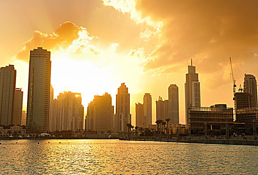 迪拜,天际线,日落,现代建筑,概念