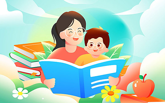 开学季亲子教育阅读世界读书日亲情陪伴插画