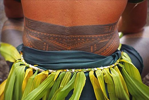 萨摩亚群岛,特写,纹身,背影,坐,穿,传统服饰