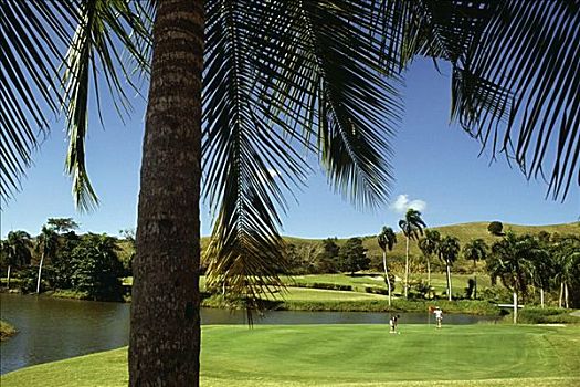 两个,打高尔夫,玩,高尔夫,喷泉,山谷,高尔夫球场,维京群岛