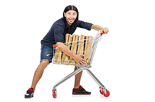 男人,购物,超市,篮子,手推车,隔绝,白色背景