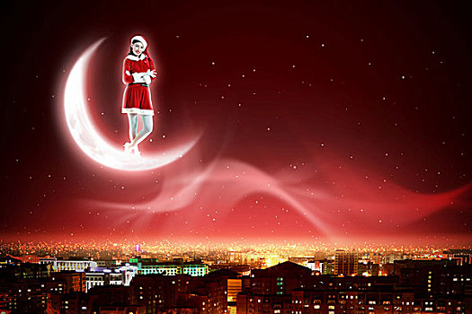 圣诞老人,女孩,月亮,高处,城市,夜晚
