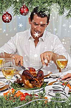 魅力,男人,吃饭,火鸡,圣诞晚餐