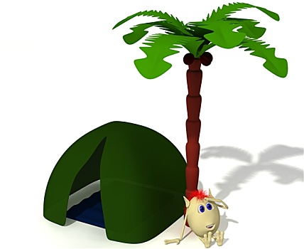 木偶,坐,靠近,绿色,帐蓬,棕榈树