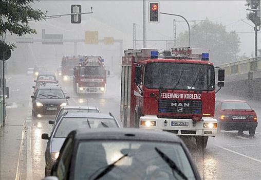 消防队,道路,任务,雨