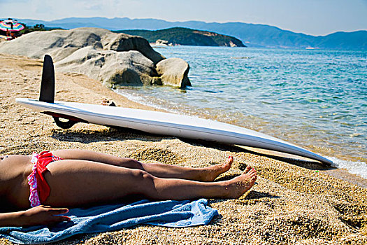希腊,海其迪奇,美女,日光浴,海滩,冲浪板,沙滩