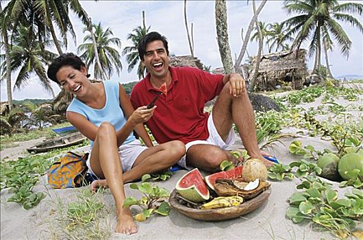 加勒比海,洪都拉斯,海湾群岛,伴侣,吃,热带水果,沙,海岸