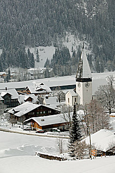 瑞士,伯恩,區域,城鎮,教堂,初雪,早晨,冬天