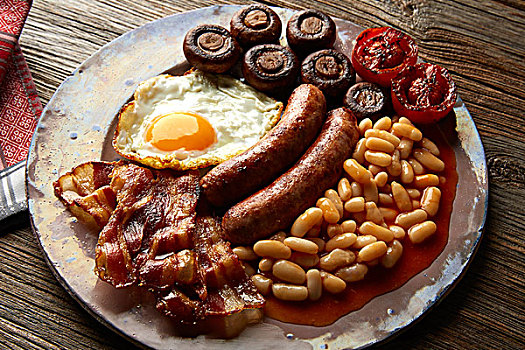 英国,早餐,香肠,蛋,豆,熏肉,蘑菇,烤蕃茄