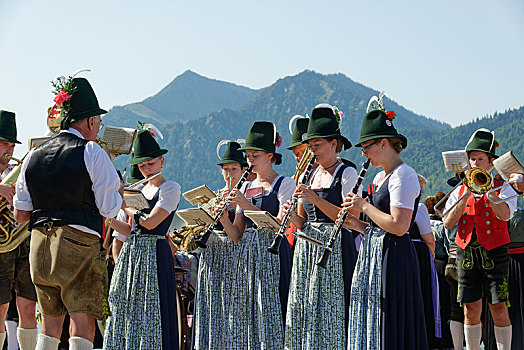 铜管乐队,穿,传统服装,上巴伐利亚,巴伐利亚,德国,欧洲