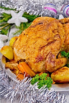 鸡肉,圣诞节,蔬菜,银,闪亮装饰物
