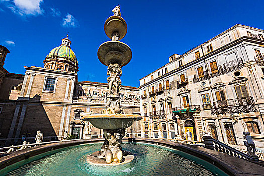 建筑,围绕,比勒陀利亚,喷泉,中心,雕塑,广场,历史,巴勒莫,西西里,意大利