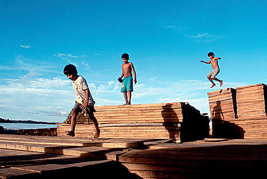 孩子,玩,木料,院子,亚马逊流域,玻利维亚