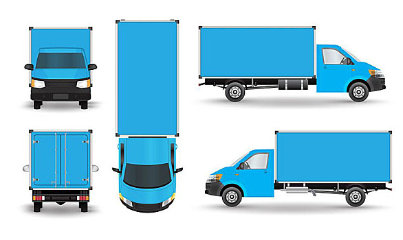 递送,货车,布局,展示,矢量,模版,隔绝,白色背景,背景,蓝色,交通工具,背影,正面,侧面视角