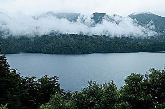 雾,上方,山脉,湖,阿根廷