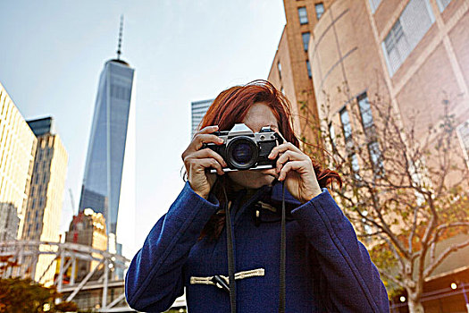 美女,游客,照相,正面,一个,世界贸易中心,曼哈顿,纽约,美国