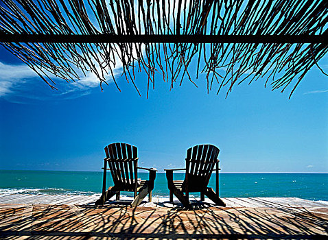 两个,椅子,甲板,海洋,遮蔽,草,屋顶