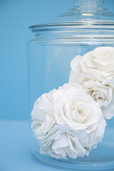 特写,两个,布,白色,玫瑰,清晰,玻璃,罐