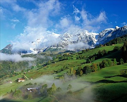 山,草地,雾,贝希特斯加登,阿尔卑斯山,萨尔茨堡,奥地利,欧洲