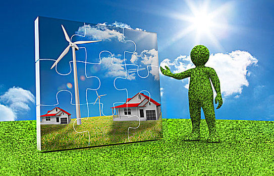 绿色,展示,拼图,房子,风轮机,室内,蓝色背景,天空,背景