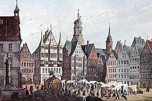 风景,市场,斯图加特,历史,城市,钢铁,雕刻,19世纪,世纪,巴登符腾堡,德国,欧洲