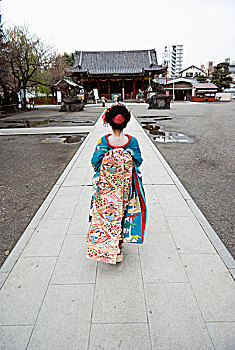 日本,鸾舞伎,艺伎,女孩,铺石,靠近,神祠