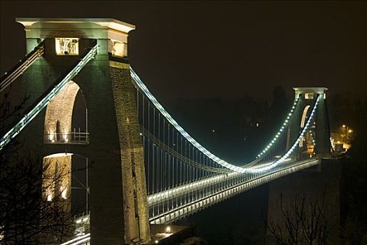 照亮,吊桥,夜晚,克利夫顿,英格兰,英国,欧洲